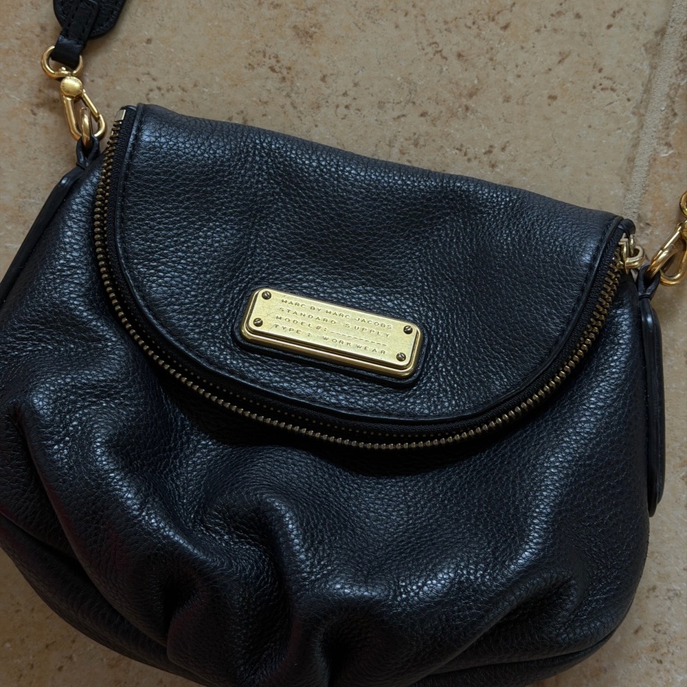 Marc Jacobs Black Leather Crossbody with Gold Plaque